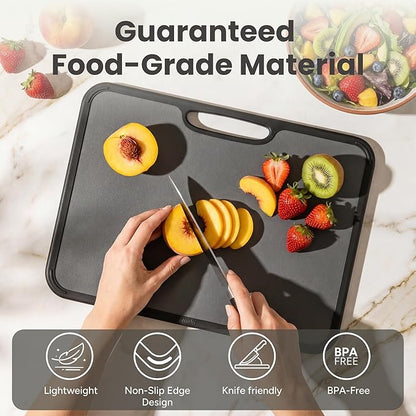 SMIRLY Plastic Cutting Board Set with Holder, Non-Slip Chopping Boards for Kitchen, Dishwasher Safe, Essential Kitchen Gadgets, 3 Pack, Dark Gray
