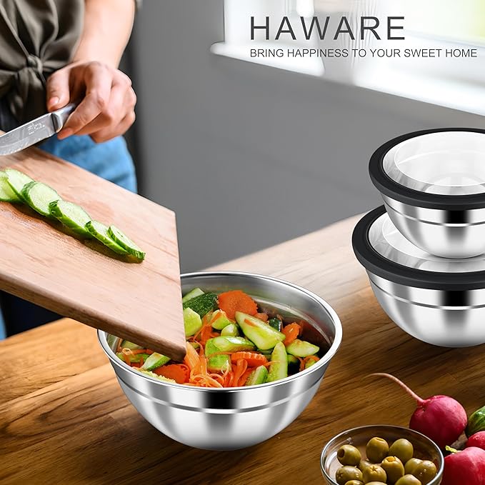 HaWare Mixing Bowls with Airtight Clear Lids, 6-Piece Stainless Steel Strong Nesting Bowls Set, Metal Salad Bowl for Cooking, Prepping, Baking, Serving & Food Storage, Size 4.6, 3, 1.5QT, Black - Image 7
