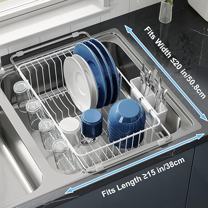 JASIWAY Dish Drying Rack in Sink, Small Dish Drainers for Inside Sink, Over The Sink Dish Racks, Stainless Steel Drying Rack with Utensil Holder, White - Image 4