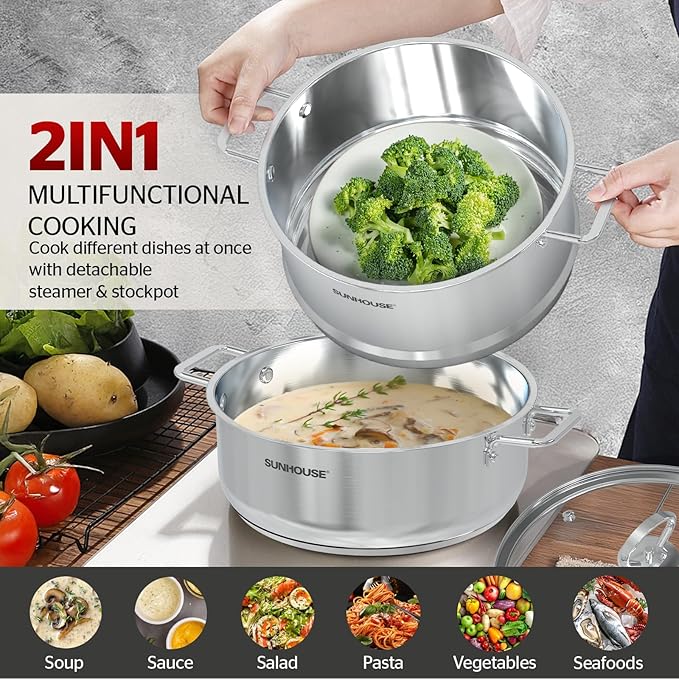 SUNHOUSE 2-Tier Stainless Steel Steamer Pot with Lid - Larger 5.5 QT Steamer & 3.8 QT Stockpot Base - Induction Ready, Compatible with All Cooktops - Multipurpose for Vegetables & Dumplings - Image 2