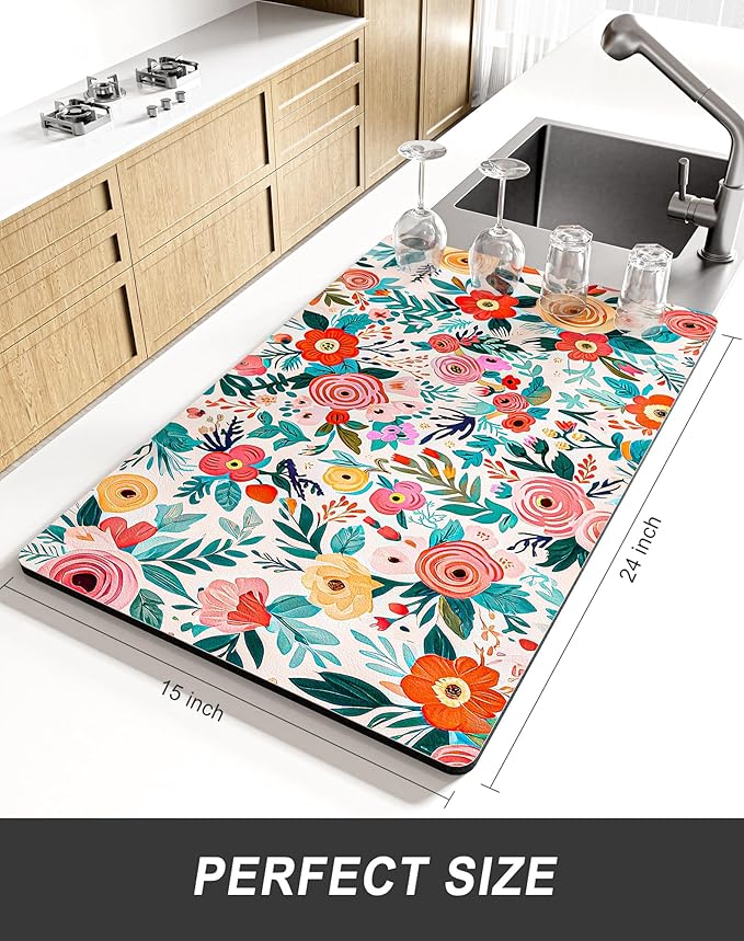 Rnivvi Dish Drying Mat for Kitchen Counter, XL 15 x 24" Cute Flower Super Absorbent Draining Pad, Non-Slip Heat Resistant Coffee Bar Mats for Coffee Machine Station Accessories, Colorful Dish Rack Pad - Image 2