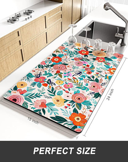 Rnivvi Dish Drying Mat for Kitchen Counter, XL 15 x 24" Cute Flower Super Absorbent Draining Pad, Non-Slip Heat Resistant Coffee Bar Mats for Coffee Machine Station Accessories, Colorful Dish Rack Pad - Image 2