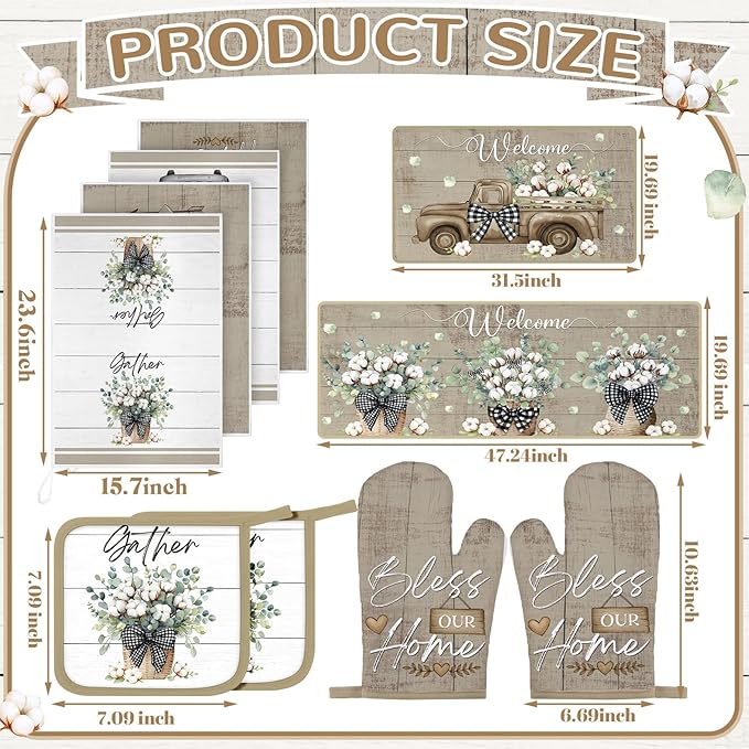 Fourluoo 10 Pcs Flower Basket Farmhouse Kitchen Decor Set Dish Towels Kitchen Rugs Oven Mitts and Pot Holders Set for Cooking Baking Grilling Women Mom Daughter Gift(Spring Color)