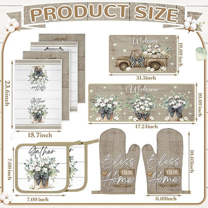 Fourluoo 10 Pcs Flower Basket Farmhouse Kitchen Decor Set Dish Towels Kitchen Rugs Oven Mitts and Pot Holders Set for Cooking Baking Grilling Women Mom Daughter Gift(Spring Color)