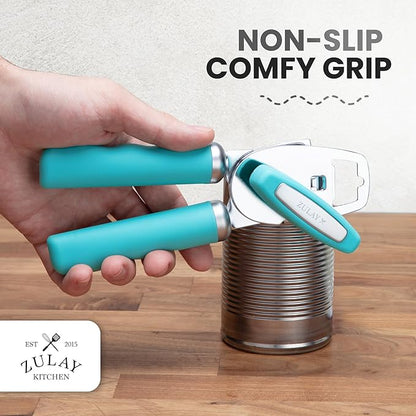 Zulay Kitchen Heavy Duty Stainless Steel Can Opener Manual with Bottle Opener - Rust Proof Manual Can Opener With Turn Knob & Comfy Soft Grip Handles - Turquoise - Image 5
