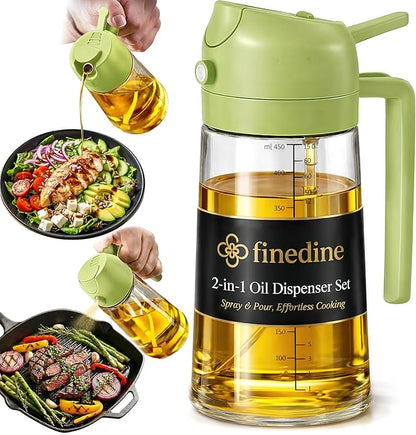 FineDine 16oz Olive Oil Sprayer for Cooking, 2 in 1 Olive Oil Dispenser Bottle for Kitchen, Air Fryer, Salad, BBQ & Baking – Dual Spray Mist & Stream, with Measurement Marks, Green by FINEDINE