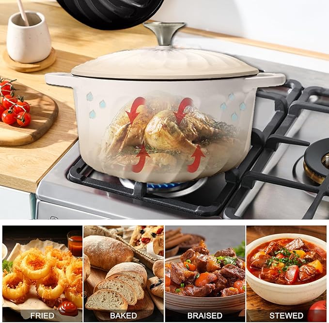 6 QT Enameled Cast Iron Dutch Oven with Lid, Non-Seasoning Enamel Coated Pot, 500°F Oven Safe, Dual Handles, Compatible with All Cooktops for Bread Baking, Braising & Stewing, White (White,6 QT)