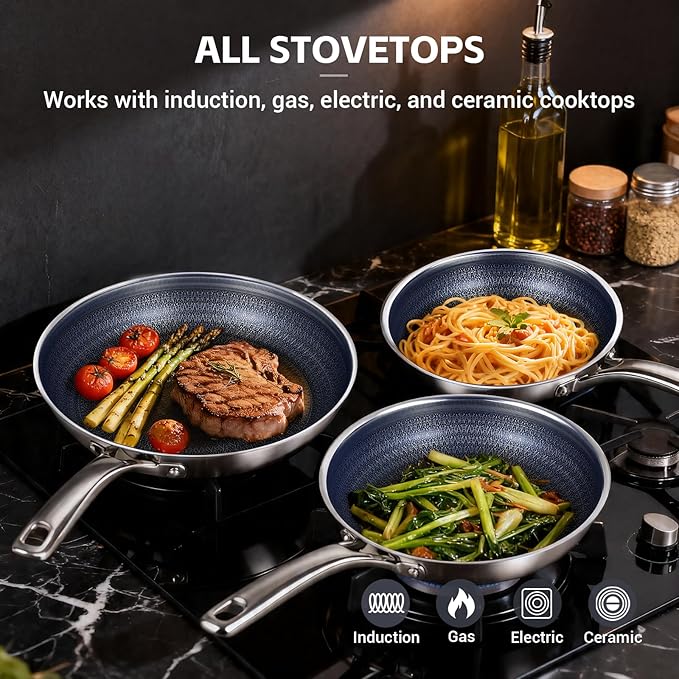 Ammeloo Hybrid Tri-Ply Stainless Steel Frying Pan Set, 8"/9.5"/11" Cooking Pans, Non Stick Frying Pans and Skillets, Chef Pan, Non Toxic, Dishwasher Safe, Induction Compatible, Blue Interior