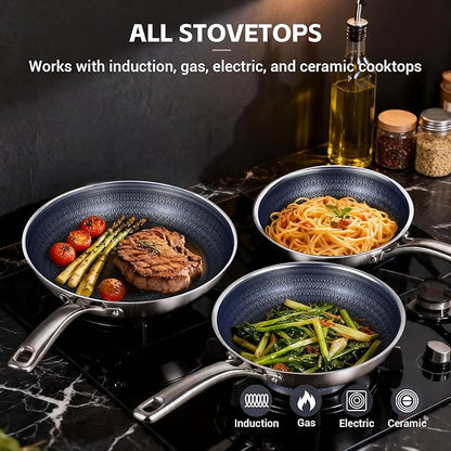 Ammeloo Hybrid Tri-Ply Stainless Steel Frying Pan Set, 8"/9.5"/11" Cooking Pans, Non Stick Frying Pans and Skillets, Chef Pan, Non Toxic, Dishwasher Safe, Induction Compatible, Blue Interior