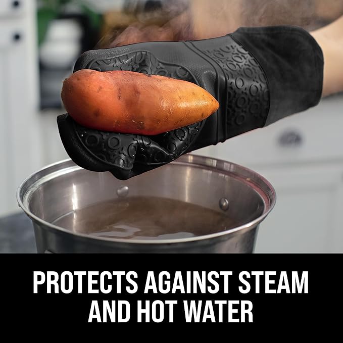 BPA-Free Silicone Oven Mitts Ultra Heat Resistant up to 500°F - Oven Mitts with Thick Cotton Liner - Long Slip Resistant Pot Holders, Flexible Oven Gloves - Black 14.7 - Image 4