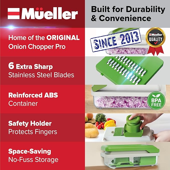 Mueller Vegetable Chopper, Mandoline Slicer, Food Veggie Chopper, Cheese Grater, Onion Vegetable Cutter with Container, Dicer, Kitchen Gadgets & Essentials, White Sand/Green - Image 3