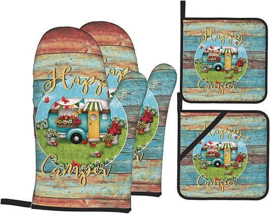 Happy Camper Oven Mitts and Pot Holders Sets of 4,Resistant Hot Pads with Polyester Non-Slip BBQ Gloves for Kitchen,Cooking,Baking,Grilling