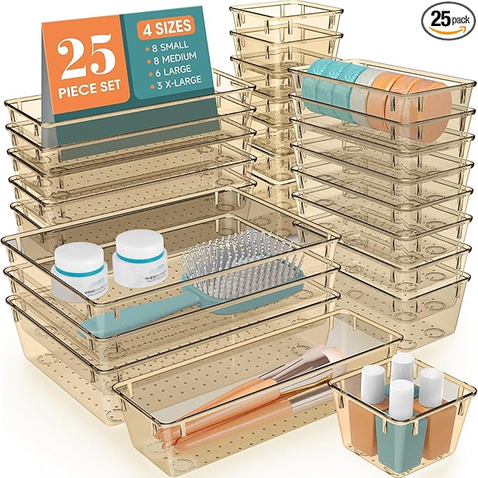 StorMiracle 25 PCS Drawer Organizer Set, 5 Varied Size Bathroom and kitchen Drawer cabinet organizer Trays, Clear Storage Bins for Makeup, Jewelry, Utensils and Gadgets, Champagne by StorMiracle