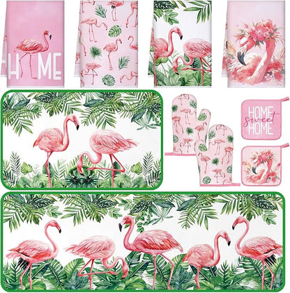 Fourluoo 10 Pcs Flamingo Kitchen Dish Towels Rugs Oven Mitts and Pot Holders Set Farmhouse Kitchen Decor Set for Women Mom Daughter Gift Cooking Baking Grilling(Cute Pink)