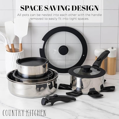 Country Kitchen Cookware Set with Removable Handle, Oven & RV Safe Pots and Pans Set, Stainless Steel, Original - Image 3