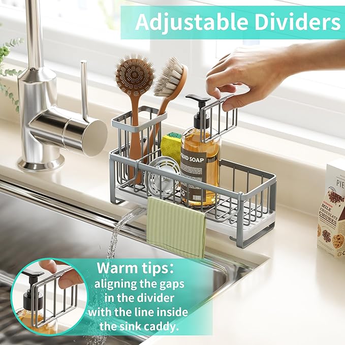 HapiRm Sponge Holder for Kitchen Sink - Self-draining Sink Caddy with Brush and Dishcloth Holders, Stainless Steel Kitchen Organizer for Countertop - Grey - Image 4