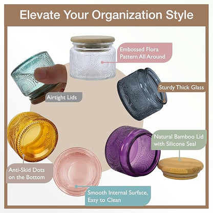 4 oz Colored Mini Glass Jars with Airtight Bamboo Lids 12 pack, Decorative Small Food Storage Canister, Vintage Embossed Home Décor Candle Parties Wedding Baby Shower Favors Gift