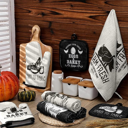 VitalCozy 8 Pcs Farm Animal Theme Kitchen Towels Pot Holders and Oven Mitt Set 4 Farmhouse Dish Towels 2 Rustic Square Potholders 2 Decorative Heat Resistant Glove for Cooking Baking Home Gifting