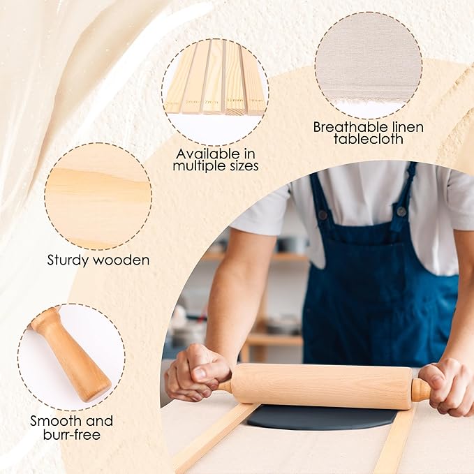 12 Pcs Pottery Tools Set, Include17in Slab Roller for Clay Pottery and 10 Pcs 5 Size Wooden Rolling Pin Guides, 1 Linen Tablecloth for Ceramic Clay Making - Image 3