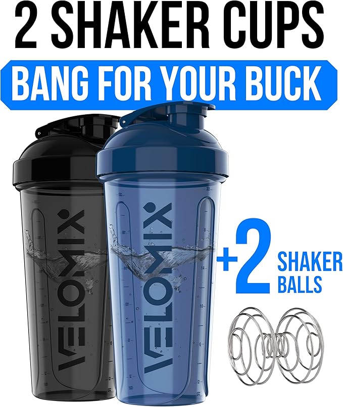 VELOMIX -2 Pack- 28 oz Protein Shaker Bottles for Protein Mixes - 2x Wire Whisk | Leak Proof Shaker Cups for Protein Shakes and Pre Workout | Protein Shaker Bottle Pack (A4) Blue/Black