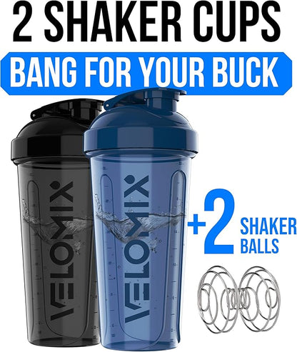 VELOMIX -2 Pack- 28 oz Protein Shaker Bottles for Protein Mixes - 2x Wire Whisk | Leak Proof Shaker Cups for Protein Shakes and Pre Workout | Protein Shaker Bottle Pack (A4) Blue/Black