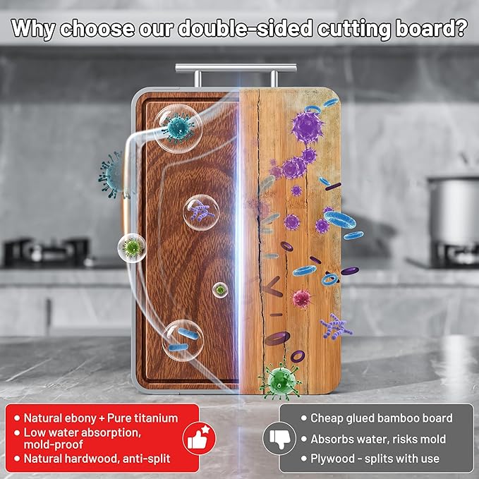 Titanium Cutting Boards For Kitchen,Ebony Wood Cutting Board,Double Sided Metal Chopping Board With Handle And Juice Groove, Idea Kitchen Appliances For Meat And Charcuterie - Image 6