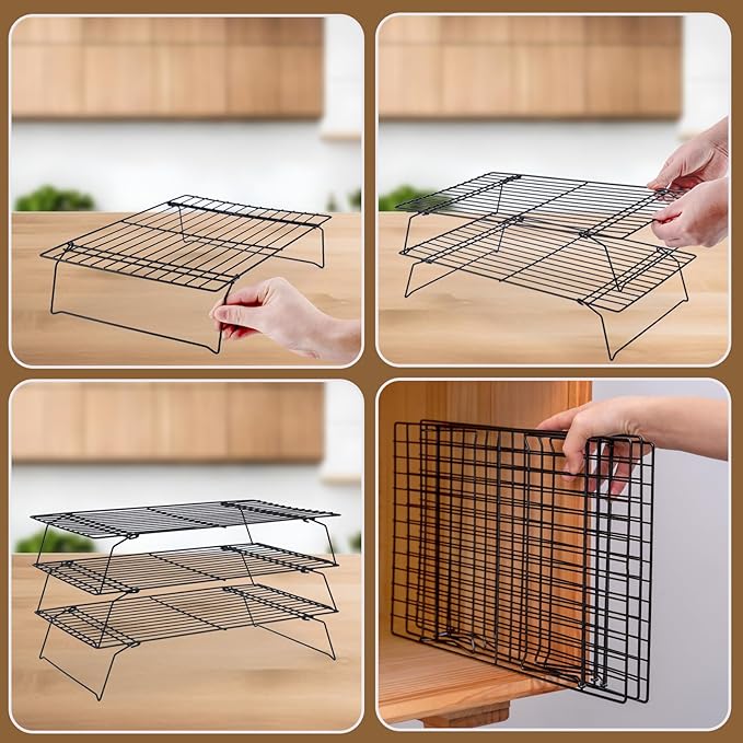 Cooling Rack for Baking 3 Tiers, 16" x 10" Cookie Cooling Wire Rack Stackable Collapsible Nonstick, Stainless Steel Baking Cooking Cooling Racks with Optimum Air Flow, Black - Image 5