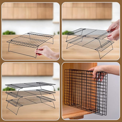 Cooling Rack for Baking 3 Tiers, 16" x 10" Cookie Cooling Wire Rack Stackable Collapsible Nonstick, Stainless Steel Baking Cooking Cooling Racks with Optimum Air Flow, Black - Image 5
