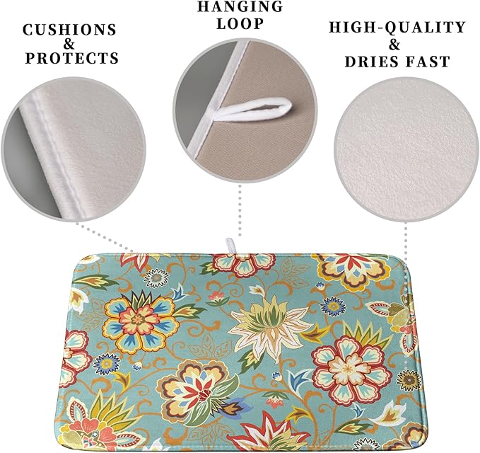 Boho Floral Kitchen Dish Drying Mat for Dishes 16x18 Inch Vintage Mandala Colorful Flowers Drying Mat Green Bohemian Dish Drainer Mat Super Absorbent Dish Rack Pad for Coffee Bar Sinks - Image 3