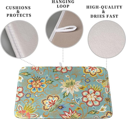 Boho Floral Kitchen Dish Drying Mat for Dishes 16x18 Inch Vintage Mandala Colorful Flowers Drying Mat Green Bohemian Dish Drainer Mat Super Absorbent Dish Rack Pad for Coffee Bar Sinks - Image 3