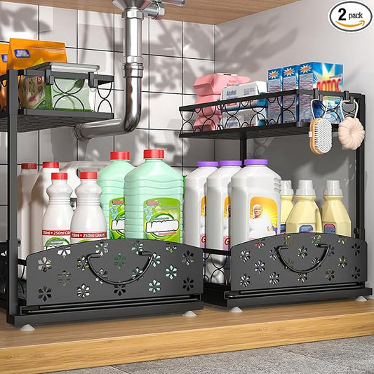 Sevenblue 2 Packs Under Sink Organizer, Height Adjustable 2 Tier Under Kitchen Sink Organizer, Multi-Purpose Storage Shelf for Kitchen Bathroom Cabinet (Metal, Extra Large) by Sevenblue