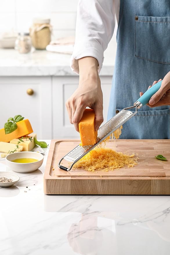 Spring Chef Stainless Steel Lemon Zester Grater with Handle - Garlic, Cheese, Parmesan, Nutmeg, Lime, Ginger Grater - Heavy Duty Kitchen Tool - Citrus Zester with Blade Cover - Fine Shred - Aqua Sky