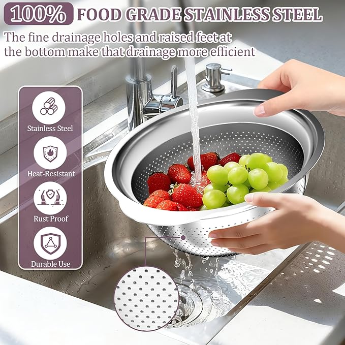 Stainless Steel Colander - 3QT Medium Capacity Strainer with Handle, Kitchen Food Strainer Basket for Washing Vegetables, Fruits, Rice, and Pasta, Kitchen Present for Women - Image 2