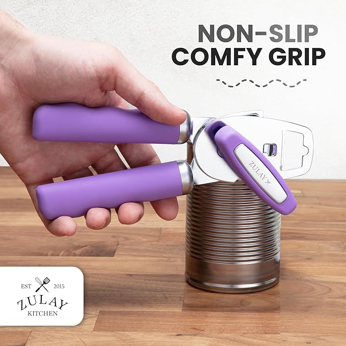 Zulay Kitchen Heavy Duty Stainless Steel Can Opener Manual with Bottle Opener - Rust Proof Manual Can Opener With Turn Knob & Comfy Soft Grip Handles - Lavender - Image 5