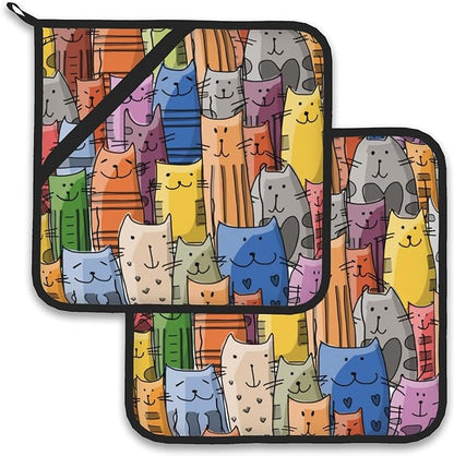 Funny Cats Family Pot Holder Set of 2,Heat Resistant Potholders Oven Hot Pads for Kitchen Cooking Baking BBQ