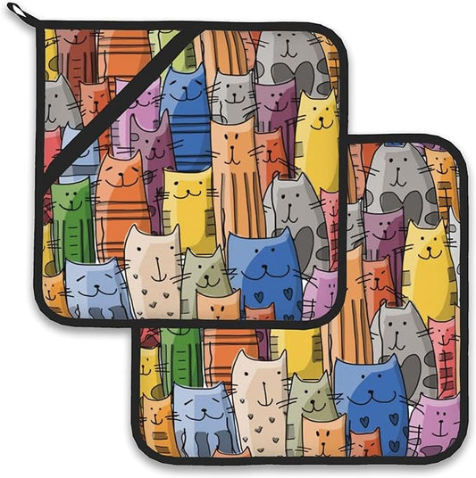 Funny Cats Family Pot Holder Set of 2,Heat Resistant Potholders Oven Hot Pads for Kitchen Cooking Baking BBQ