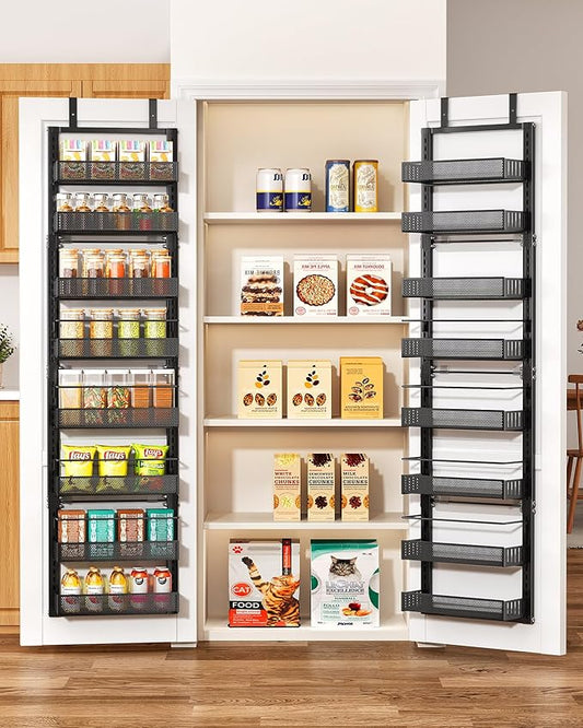 8 Tiers Over the Door Organizer - Height Adjustable Pantry Organizers and Storage with Dense Mesh Baskets, Anti-Swing Hanging Door Spice Rack for Kitchen Bathroom (Black, 12.3"W x 4.7"D x 69"H) by SNTD