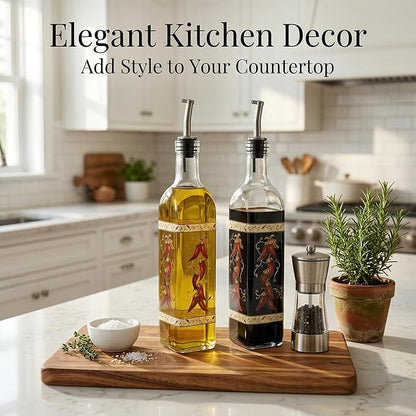Topadorn 17 oz Olive Oil Dispenser Bottle Set for Kitchen, 2 Pcs Glass Oil Dispenser Bottle with Stainless Steel Pourers, 2 Packs of Napkins, Chili