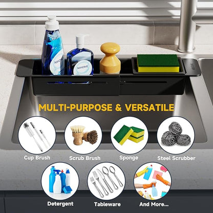 NiHome Extendable Over Sink Kitchen Organizer, Small Telescopic Brush Storage Rack for Sponge, Non-Slip Pads Expandable Sink Caddy, Adjustable Sponge/Brush Rack with Drainage Durable ABS (Black) - Image 7