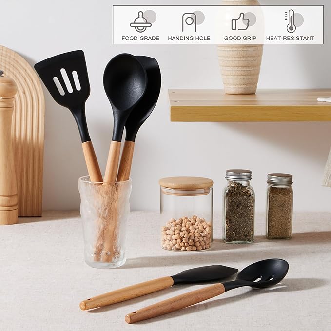 E-far Silicone Cooking Utensils Set, 5-Piece Black Kitchen Utensils Set with Wooden Handle for Cooking, Silicone Kitchen Nonstick Tools Spatula Turner Slotted Spoons, Nontoxic & Heat Resistant-Black - Image 5