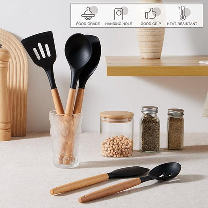 E-far Silicone Cooking Utensils Set, 10-Piece Black Kitchen Utensils Set with Wooden Handle for Nonstick Cookware, Heat Resistant Kitchen Nonstick Tools Spatula Whisk Tongs Ladle, Non-toxic & Healthy - Image 5