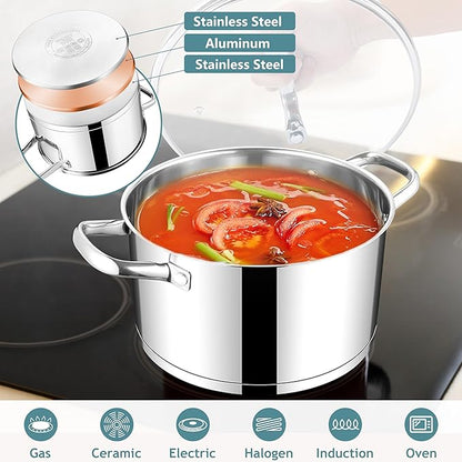 E-far 4 Quart Stock Pot with Lid, Stainless Steel Stockpot for Cooking Simmering Soup Pasta Sauce, with Tri-Ply Bottom & Visible Cover, Induction/Gas/Dishwasher Safe, Heavy Duty & Non Toxic - Image 3