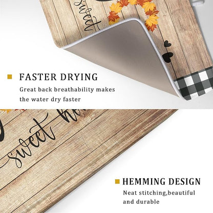 Giwawa Home Sweet Home Dish Drying Mat 18x24 Inch Fall Autumn Maple Leaf Wreath Dish Drainer Mats Rustic Brown Wood Board Microfiber Dish Drying Rack Pad for Kitchen Countertop Farmhouse Decor