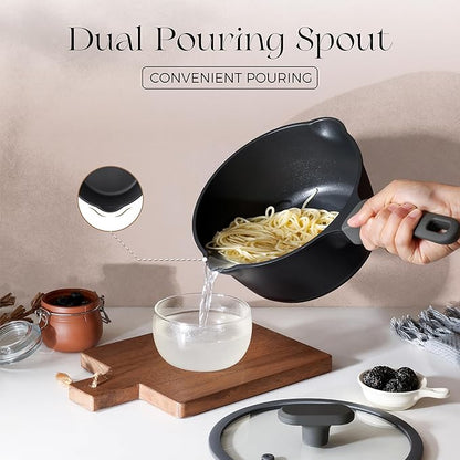 PRICUSIS Nonstick Saucepan with Lid, 2 Quart Non Toxic Pot with Pour Spouts, Full Coated, 100% Dishwasher Safe, Induction Compatible & Oven Safe, PFOS & PFOA Free, Black Sesame - Image 7