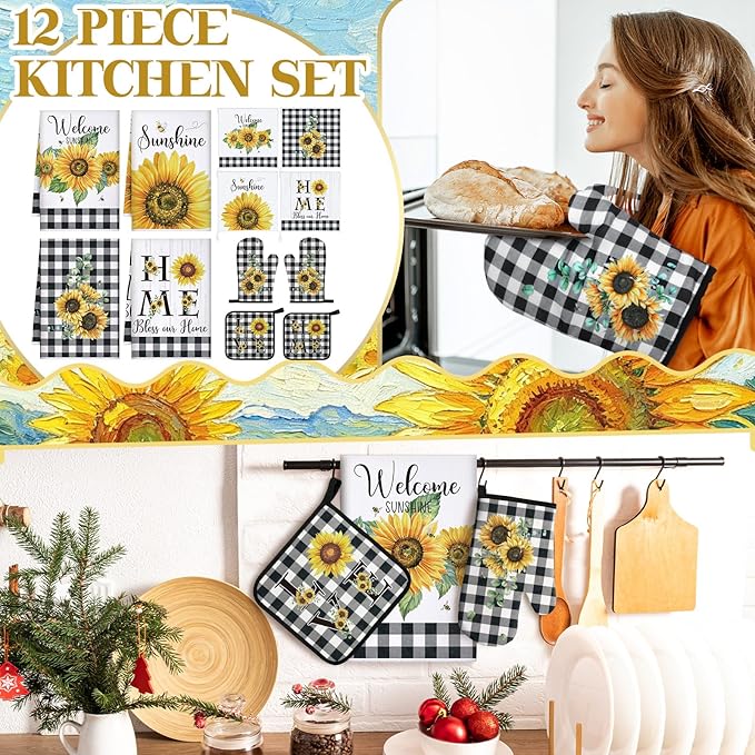 Bencailor 12 Pcs Farmhouse Sunflower Kitchen Decor and Accessories Sets 4 Black and White Check Kitchen Towels 4 Absorbent Dishcloths 2 Pot Holders 2 Oven Mitts Gloves for Home Decor Mom Gifts