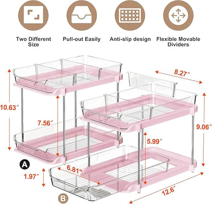 Delamu 2-Tier Multi-Purpose Bathroom Under Sink Organizers and Storage, Stackable Kitchen Pantry Organization, Pull Out Medicine Cabinet Organizer with Movable Dividers, Pink, 2 Pack - Image 2