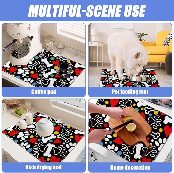 Dog Paw Bone Dish Drying Mat for Kitchen Counter Drying Pad Absorbent Reversible Dish Drainer Rack Mats Draining Pad 18"x24"Inch