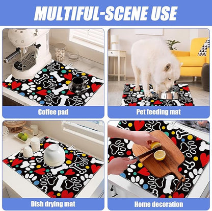 Dog Paw Bone Dish Drying Mat for Kitchen Counter Drying Pad Absorbent Reversible Dish Drainer Rack Mats Draining Pad 18"x24"Inch