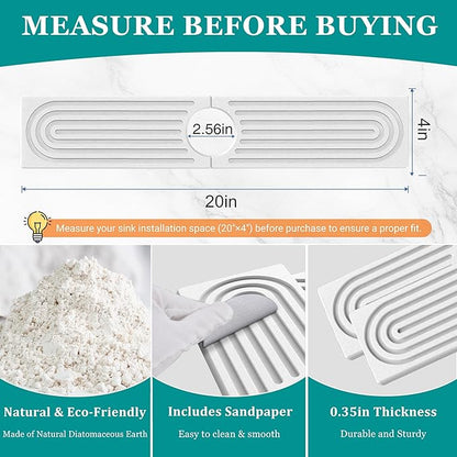 Stone Faucet Mat for Kitchen Sink - Quick Dry Diatomite Sink Splash Guard, Prevents Moisture Buildup & Water Stains, Water Absorbing Stone Tray for Bathroom Countertop (White, 20" x 4")