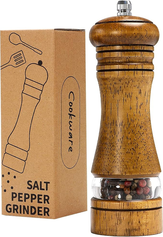 Wood Salt and Pepper Grinder, Salt Grinder and Pepper Mill, Oak Wood Shakers with Adjustable Ceramic Grinders - 6 inches, 1 Pack